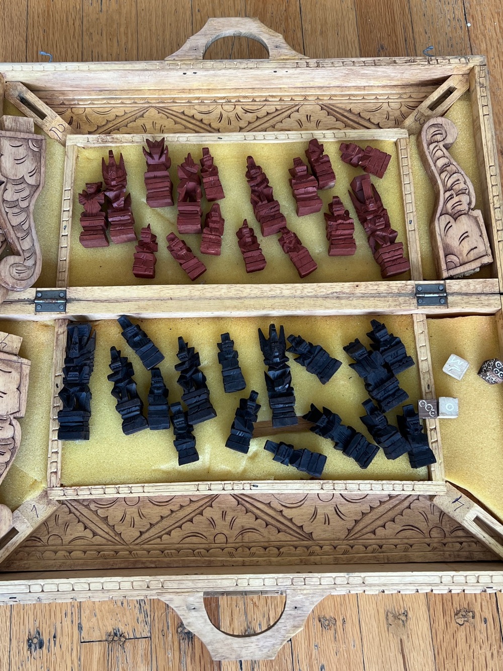 Vintage Wooden Carved Chess Set with Red and Black Pieces